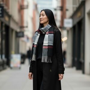 Cashmere Wool Blend Black Red Plaid Fringe Scarf